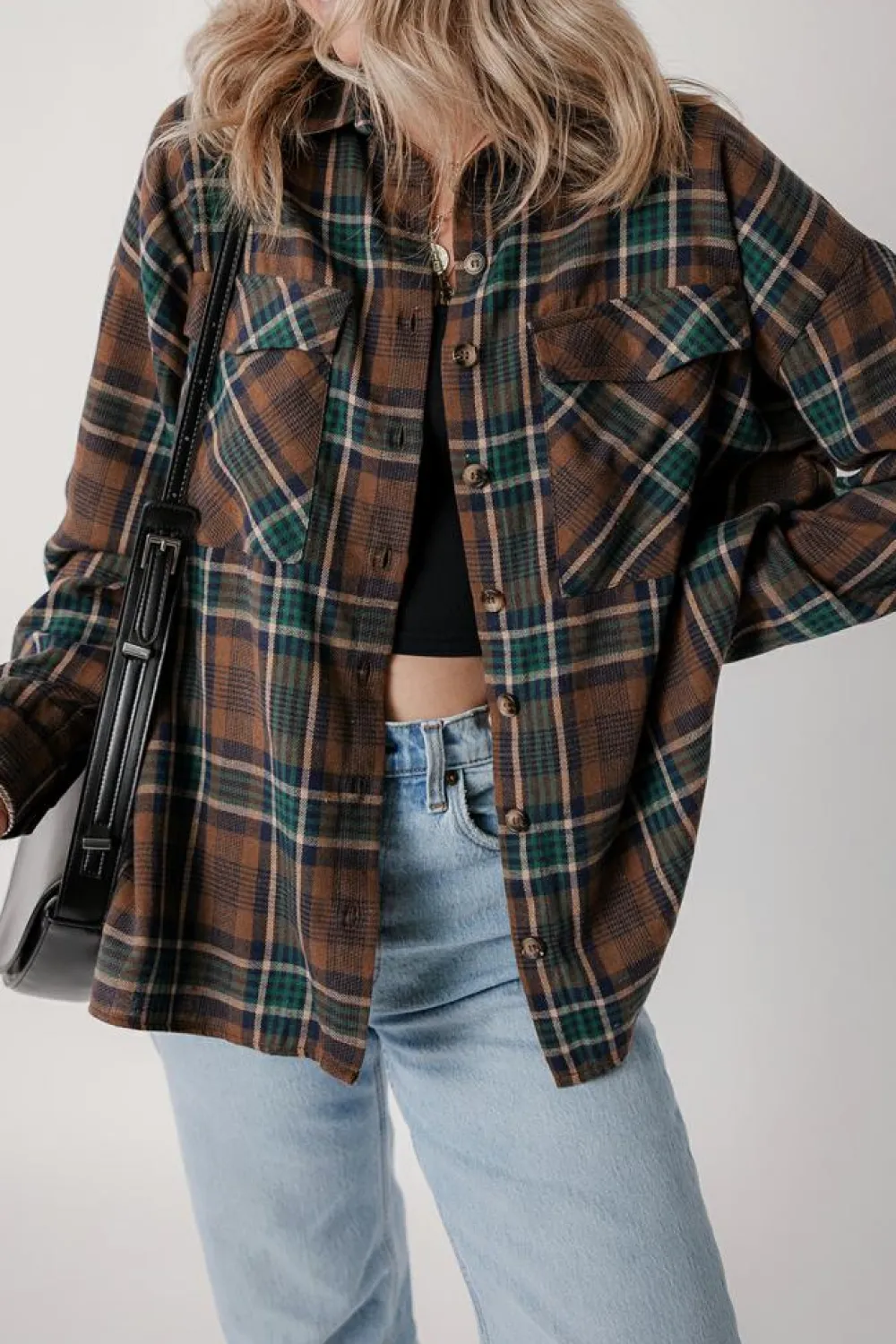Hot Dear-Lover Plaid Print Chest Pockets Buttoned Shirt Jacket Brown