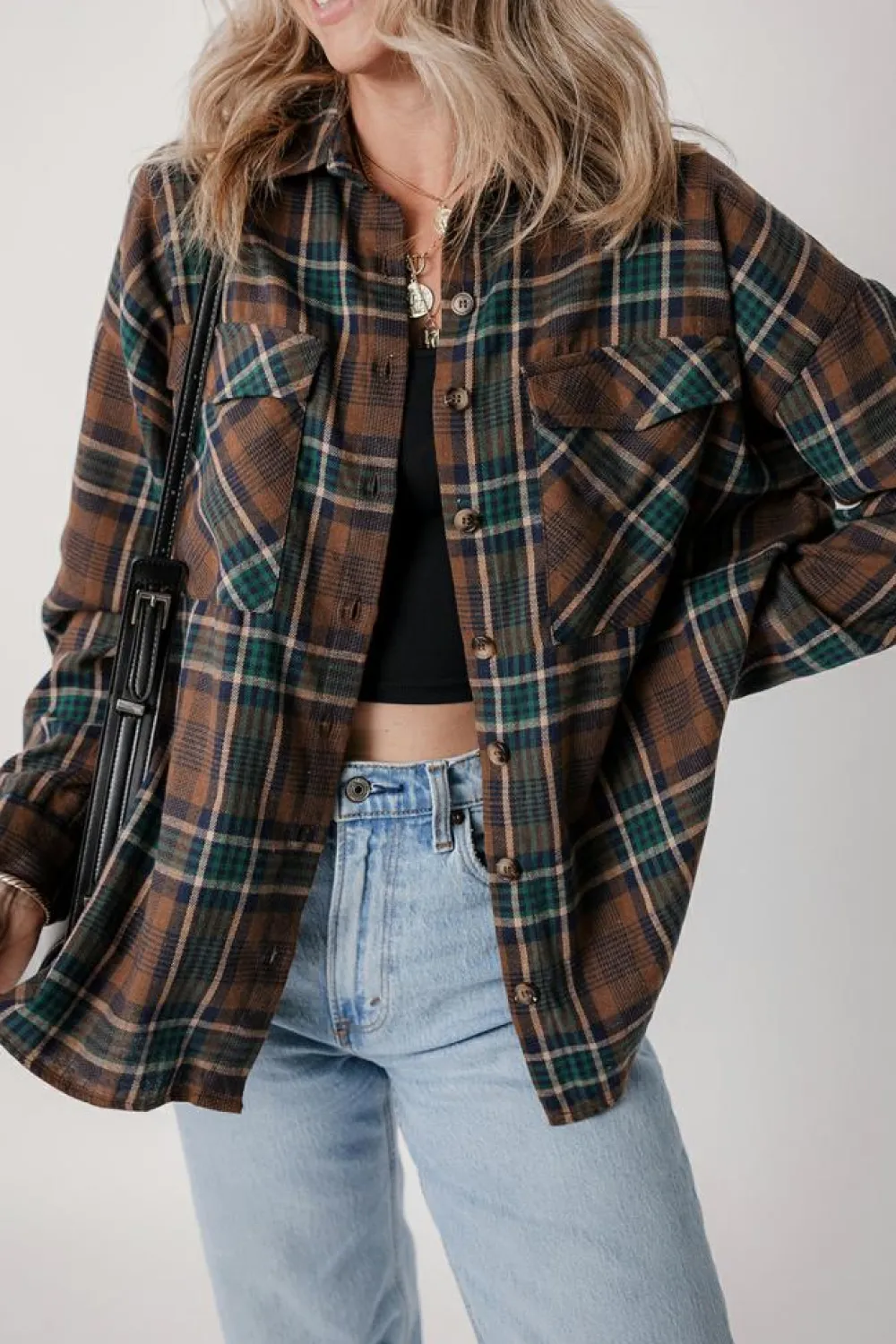 Hot Dear-Lover Plaid Print Chest Pockets Buttoned Shirt Jacket Brown