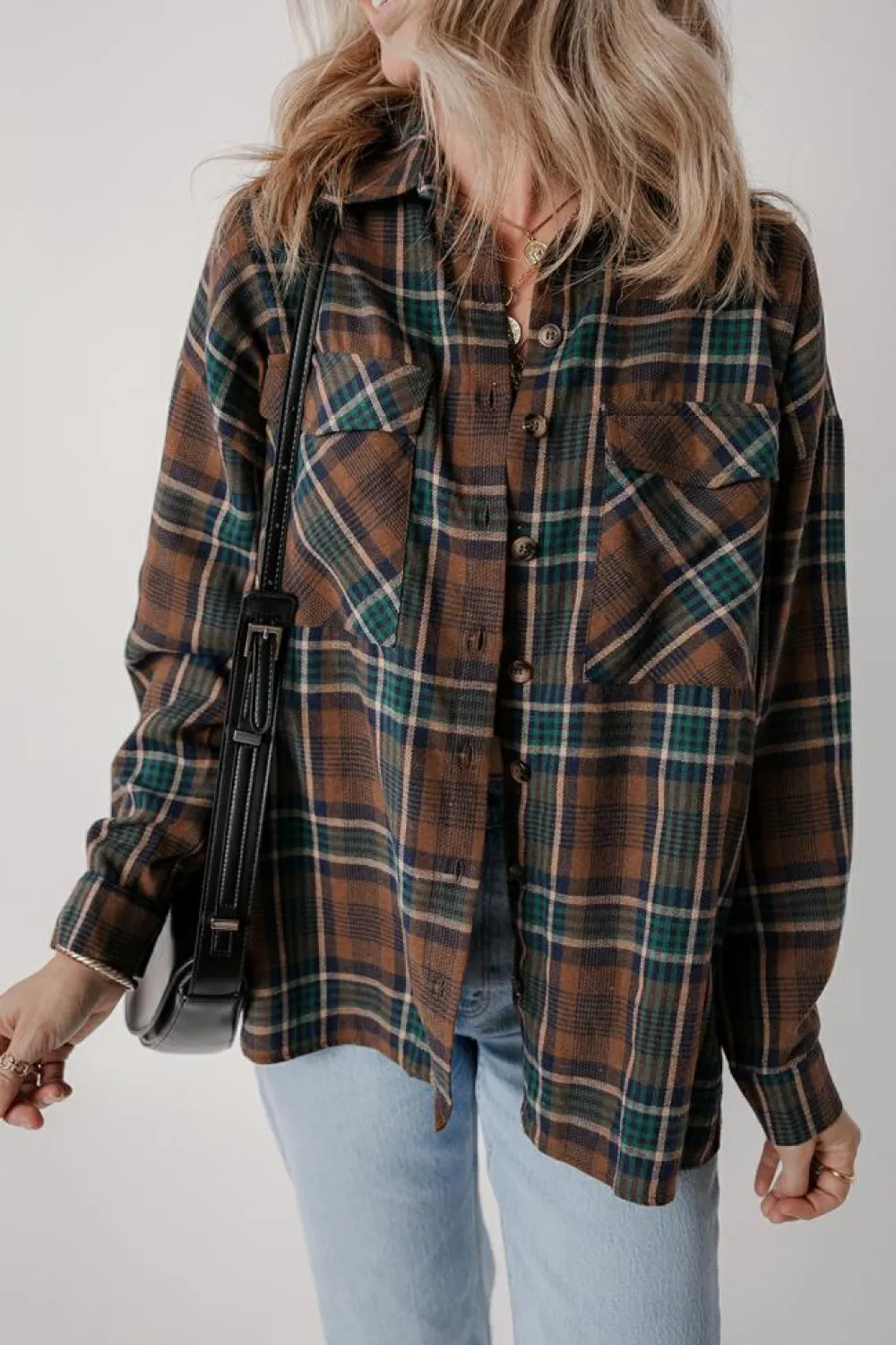 Hot Dear-Lover Plaid Print Chest Pockets Buttoned Shirt Jacket Brown