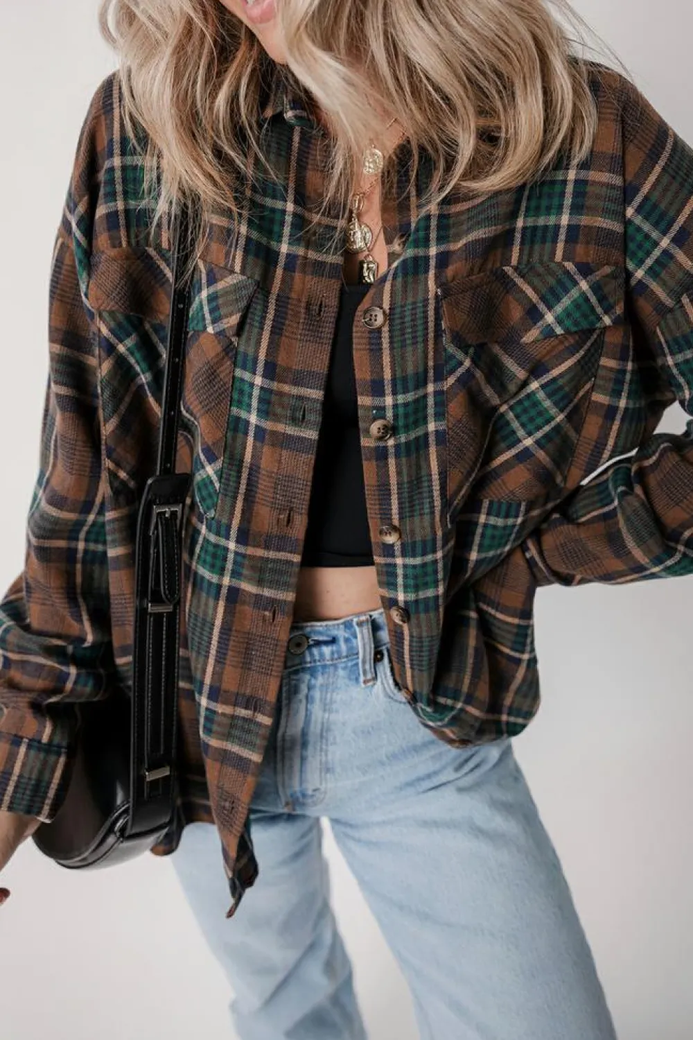 Hot Dear-Lover Plaid Print Chest Pockets Buttoned Shirt Jacket Brown