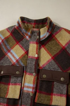 Outlet Dear-Lover Plaid Print Chest Pockets Button Zipper Stand Neck Jacket Brown