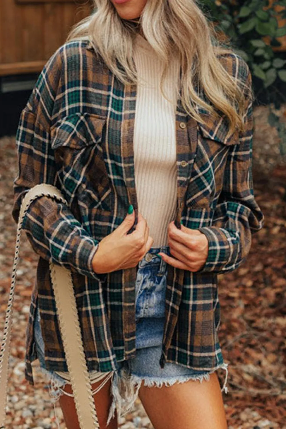 Hot Dear-Lover Plaid Print Chest Pockets Buttoned Shirt Jacket Brown