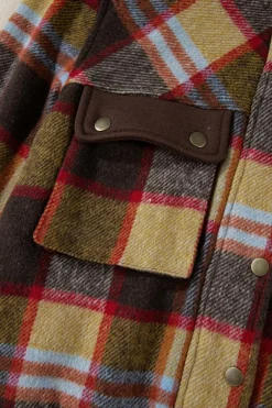 Outlet Dear-Lover Plaid Print Chest Pockets Button Zipper Stand Neck Jacket Brown