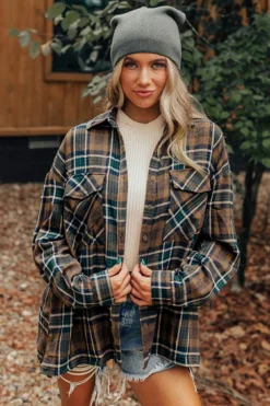 Hot Dear-Lover Plaid Print Chest Pockets Buttoned Shirt Jacket Brown