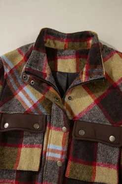 Outlet Dear-Lover Plaid Print Chest Pockets Button Zipper Stand Neck Jacket Brown