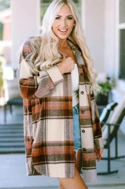 Best Dear-Lover Plaid Print Flap Pockets Long Shacket Brown