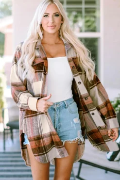 Best Dear-Lover Plaid Print Flap Pockets Long Shacket Brown