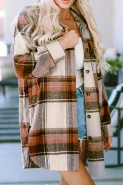 Best Dear-Lover Plaid Print Flap Pockets Long Shacket Brown