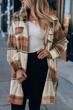 Best Dear-Lover Plaid Print Flap Pockets Long Shacket Brown