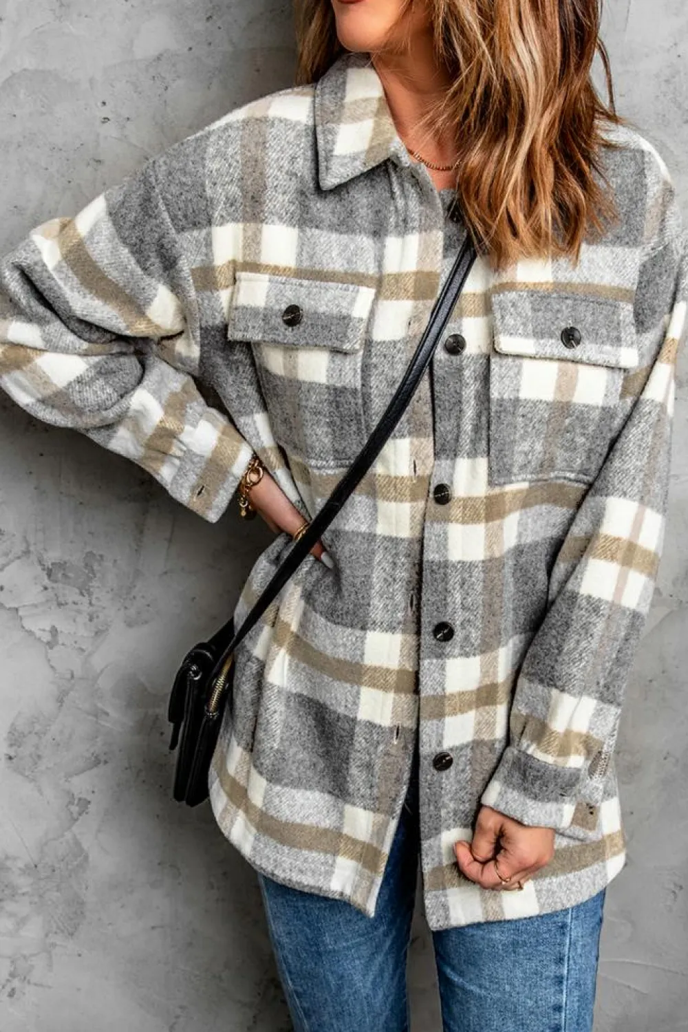 Sale Dear-Lover Plaid Print Pocket Women Shacket Brown
