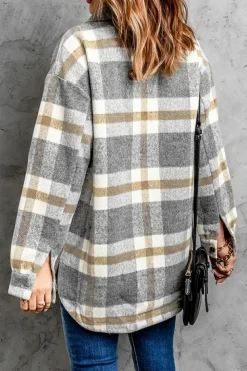Sale Dear-Lover Plaid Print Pocket Women Shacket Brown