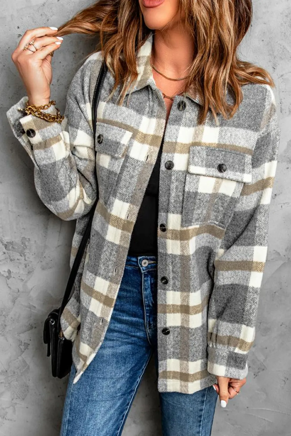 Sale Dear-Lover Plaid Print Pocket Women Shacket Brown