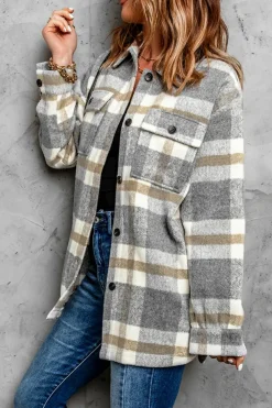 Sale Dear-Lover Plaid Print Pocket Women Shacket Brown