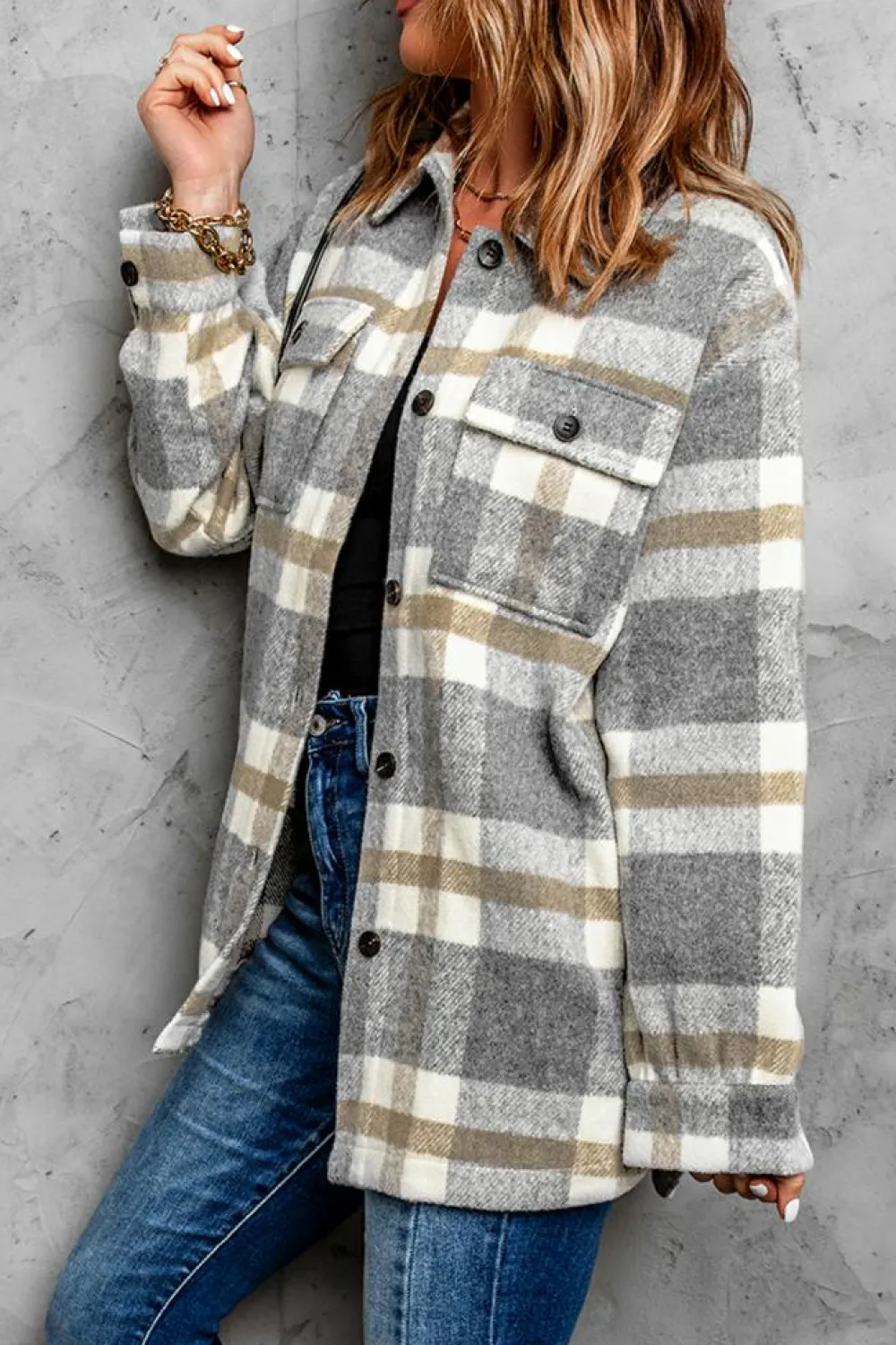 Sale Dear-Lover Plaid Print Pocket Women Shacket Brown