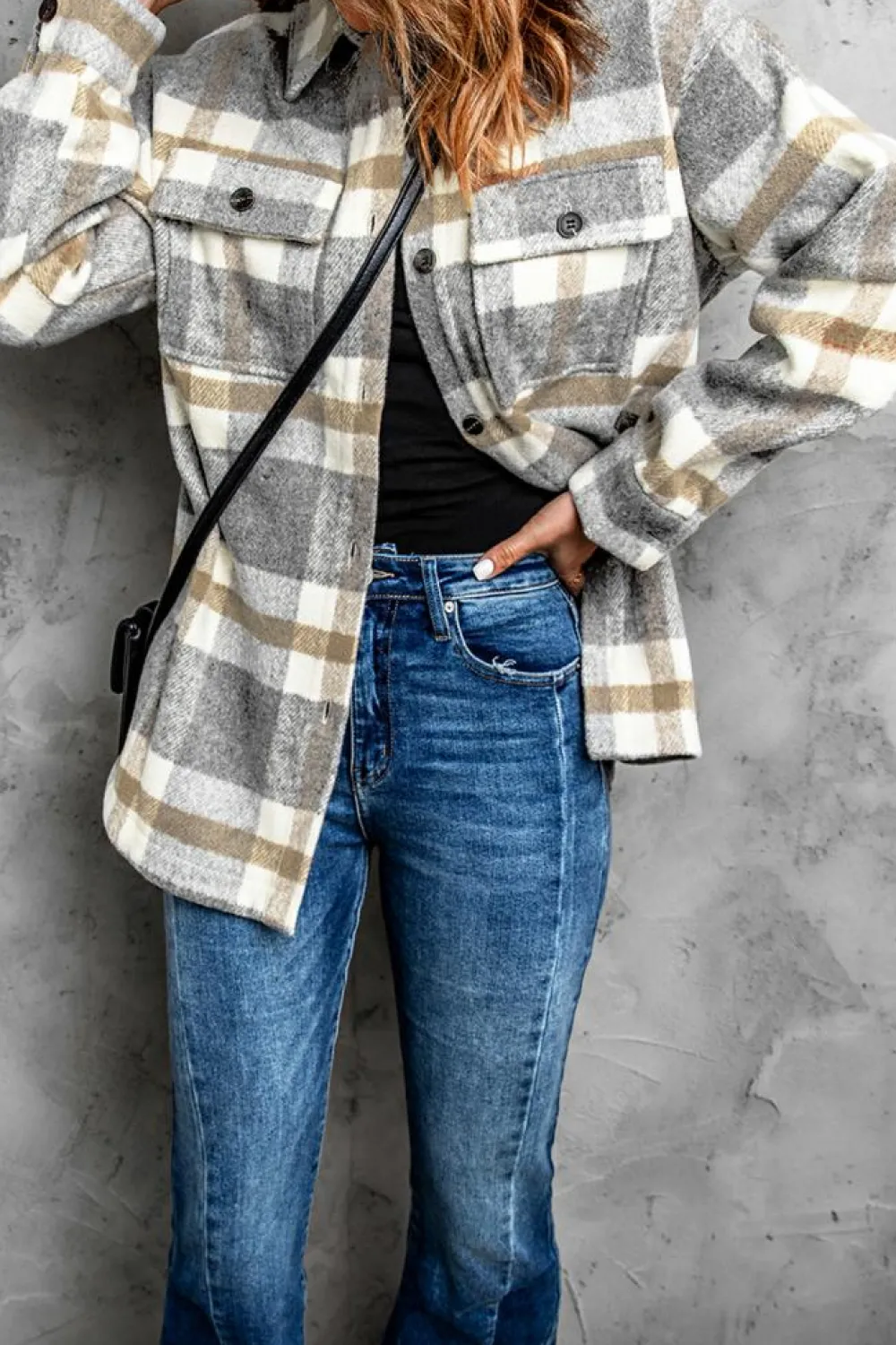Sale Dear-Lover Plaid Print Pocket Women Shacket Brown