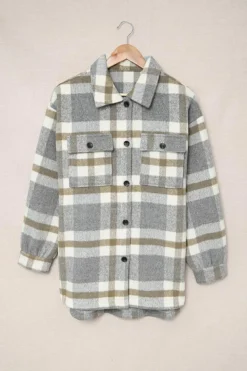 Sale Dear-Lover Plaid Print Pocket Women Shacket Brown