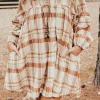 Sale Dear-Lover Plaid Print Side Pockets Frilled Babydoll Mini Dress Brown