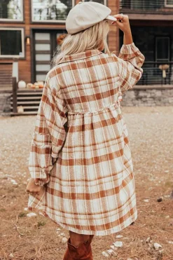 Sale Dear-Lover Plaid Print Side Pockets Frilled Babydoll Mini Dress Brown