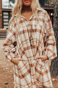 Sale Dear-Lover Plaid Print Side Pockets Frilled Babydoll Mini Dress Brown