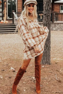 Sale Dear-Lover Plaid Print Side Pockets Frilled Babydoll Mini Dress Brown