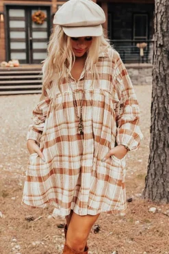 Sale Dear-Lover Plaid Print Side Pockets Frilled Babydoll Mini Dress Brown