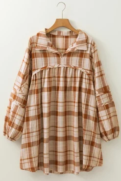 Sale Dear-Lover Plaid Print Side Pockets Frilled Babydoll Mini Dress Brown