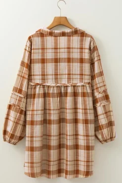 Sale Dear-Lover Plaid Print Side Pockets Frilled Babydoll Mini Dress Brown
