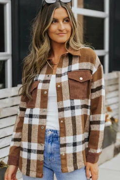 Clearance Dear-Lover Pocketed Buttoned Plaid Shirt Jacket Brown