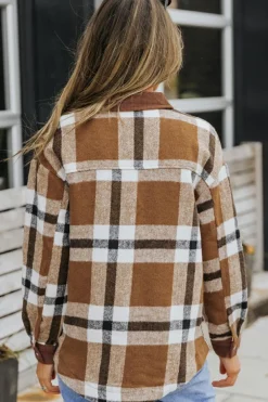Clearance Dear-Lover Pocketed Buttoned Plaid Shirt Jacket Brown