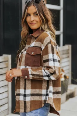 Clearance Dear-Lover Pocketed Buttoned Plaid Shirt Jacket Brown