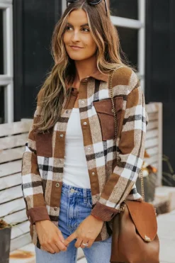 Clearance Dear-Lover Pocketed Buttoned Plaid Shirt Jacket Brown