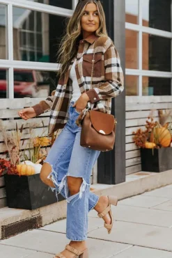 Clearance Dear-Lover Pocketed Buttoned Plaid Shirt Jacket Brown