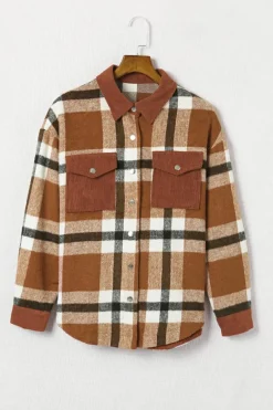 Clearance Dear-Lover Pocketed Buttoned Plaid Shirt Jacket Brown