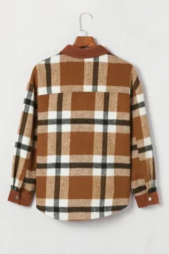 Clearance Dear-Lover Pocketed Buttoned Plaid Shirt Jacket Brown