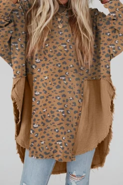 Clearance Dear-Lover Raw Edge Leopard Patchwork Oversized Blouse Brown Printed