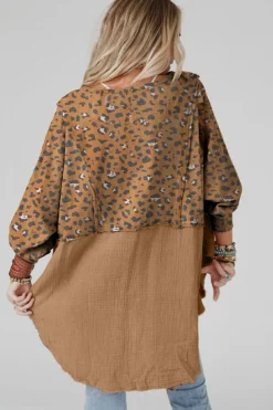 Clearance Dear-Lover Raw Edge Leopard Patchwork Oversized Blouse Brown Printed