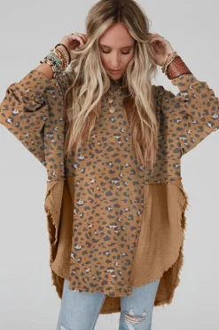 Clearance Dear-Lover Raw Edge Leopard Patchwork Oversized Blouse Brown Printed