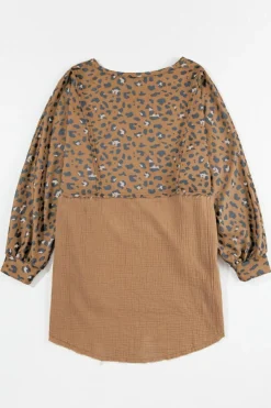 Clearance Dear-Lover Raw Edge Leopard Patchwork Oversized Blouse Brown Printed