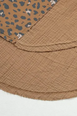 Clearance Dear-Lover Raw Edge Leopard Patchwork Oversized Blouse Brown Printed