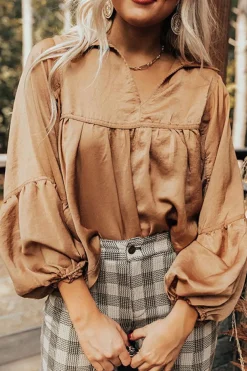 Best Dear-Lover Puff Sleeve Collared Pleated Babydoll Blouse Brown