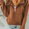 Discount Dear-Lover Quarter Zip Kangaroo Pocket Hoodie Brown