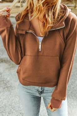 Discount Dear-Lover Quarter Zip Kangaroo Pocket Hoodie Brown