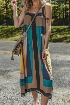 Hot Dear-Lover Retro Geometric Printed Y Back Sleeveless Dress Brown