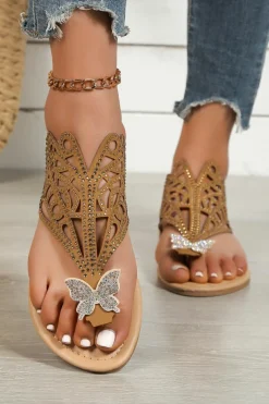 New Dear-Lover Rhinestone Hollow Out Butterfly Open Toe Slippers Brown