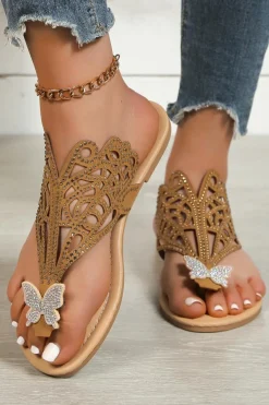 New Dear-Lover Rhinestone Hollow Out Butterfly Open Toe Slippers Brown