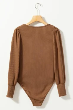 Fashion Dear-Lover Ribbed Balloon Sleeve Bodysuit Brown
