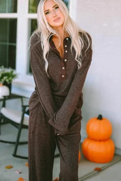 Sale Dear-Lover Ribbed Knit Collared Henley Top and Pants Lounge Outfit Brown