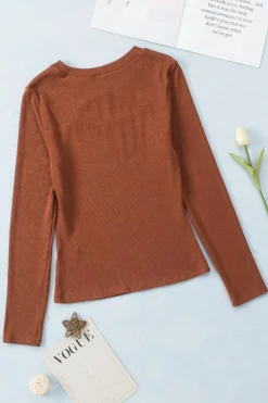 Fashion Dear-Lover Ribbed Peekaboo Cutout Long Sleeve Top Brown