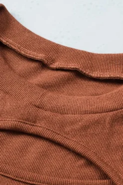 Fashion Dear-Lover Ribbed Peekaboo Cutout Long Sleeve Top Brown