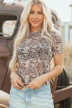 New Dear-Lover Rodeo Print Round Neck Slim Fit Mesh T Shirt Brown